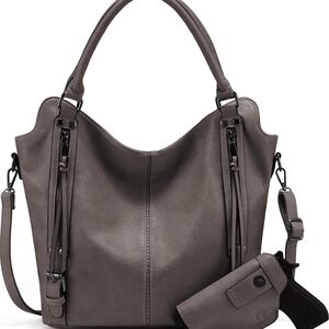 Concealed Carry Gray Leather-Style Tote Shoulder Bag with Removable Strap